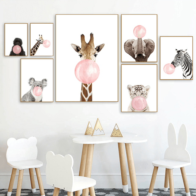 Bubble Gum Baby Animals Nursery Wall Art - Glamorous Hangups Ltd