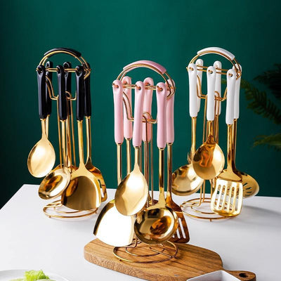 Gold Kitchen Utensils with Stand - Glamorous Hangups Ltd